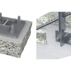 Solidne mocowanie balustrady od czoła do betonu i ściany. Detale techniczne połączeń śrubowych.