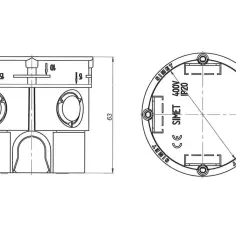 Rysunek techniczny puszki instalacyjnej SIMET z otworami pod przewody. Wymiary: 63 mm wysokości, średnica otworu 60 mm.