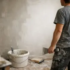 Remont trwa, a ściana czeka na wykończenie. Ciekawi Cię, ile schnie szpachla gipsowa? W wiadrze czeka kolejna porcja.