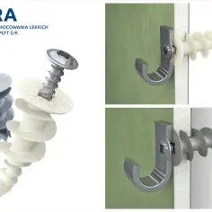 Wkręty karton gips R-DRA do lekkich mocowań. Dwa rodzaje wkrętów, jeden metalowy, drugi plastikowy, pokazane z bliska i w użyciu.