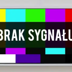 Kolorowy ekran testowy z napisem "BRAK SYGNAŁU". Może to oznaczać, co może zakłócać sygnał antenowy, np. burzę lub awarię.