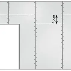 Schemat przedstawia fragment ściany z płyt gipsowo-kartonowych, z zaznaczonymi wymiarami płyty gk 40cm.