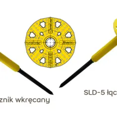 Dwa kołki do wełny mineralnej: wkręcany SRD-5 i wbijany SLD-5, oraz schemat łącznika.