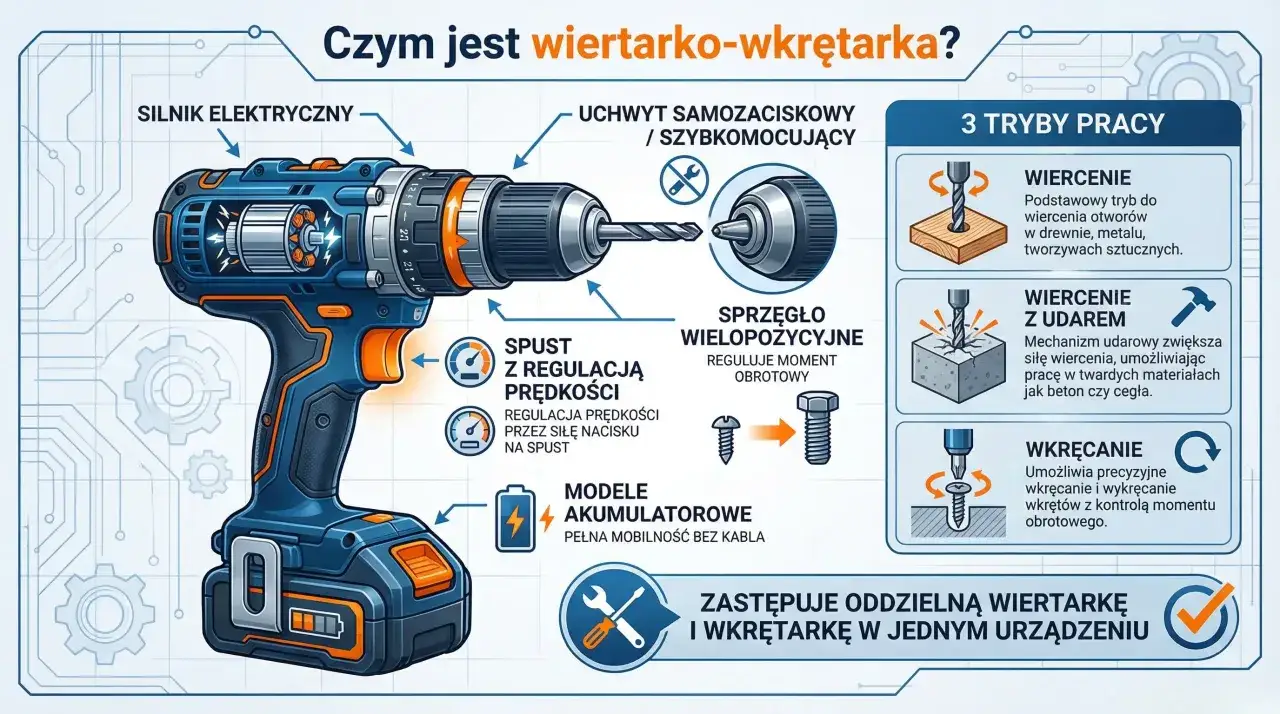 Ilustracja przedstawia wkrętarkę do karton gipsu z opisem jej funkcji: wiercenie, wiercenie z udarem i wkręcanie.