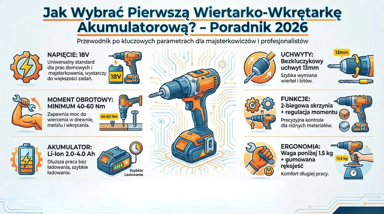 Wkrętarka do karton gipsu z akumulatorem 18V, uchwytem bezkluczykowym 13mm, 2-biegową skrzynią i wagą poniżej 1.5 kg.