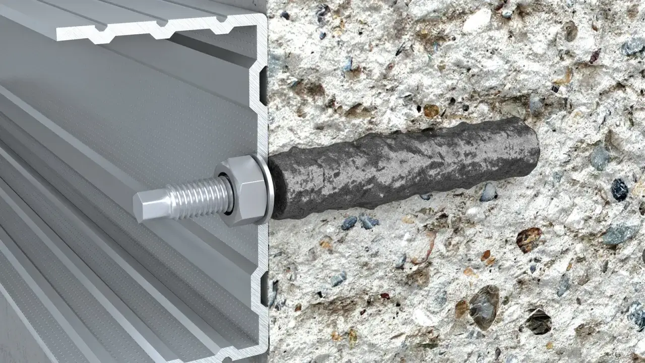 Wkręty samowiercące do betonu mocujące profil aluminiowy do ściany.