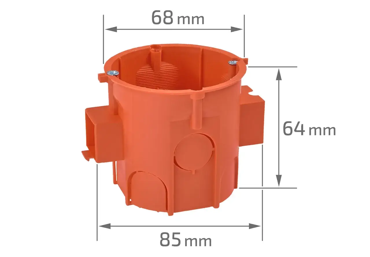 Pomarańczowa puszka instalacyjna o wymiarach 68x64x85 mm. Idealny otwór pod puszkę elektryczną do montażu w ścianie.