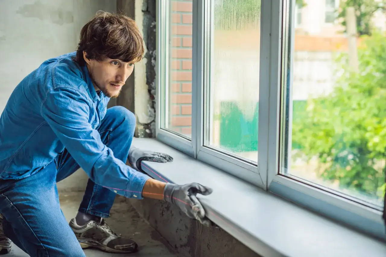 Mężczyzna w niebieskiej koszuli i rękawicach montuje parapet przy oknie, pokazując, jak osadzić parapet.