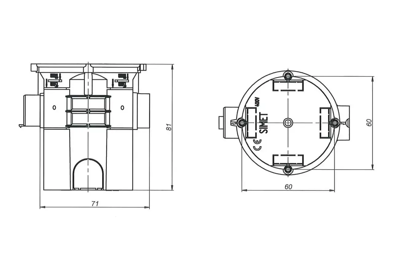 Rysunek techniczny przedstawia puszkę instalacyjną SIMET 400V. Wymiary: 71x81 mm (widok z boku) i 60x60 mm (widok z góry). To idealny otwór pod puszkę elektryczną.