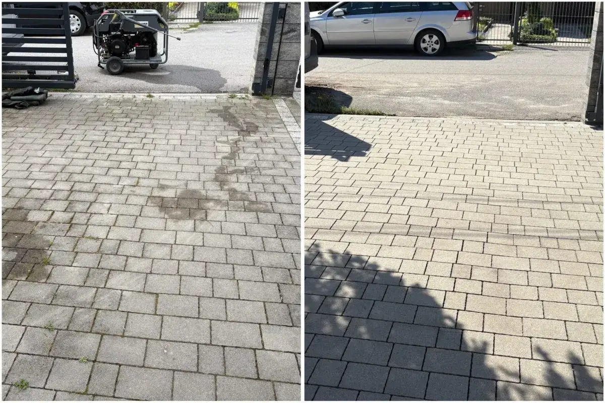 Przed i po: jak usunąć glony z kostki brukowej. Po lewej brudna nawierzchnia, po prawej czysta i odświeżona.