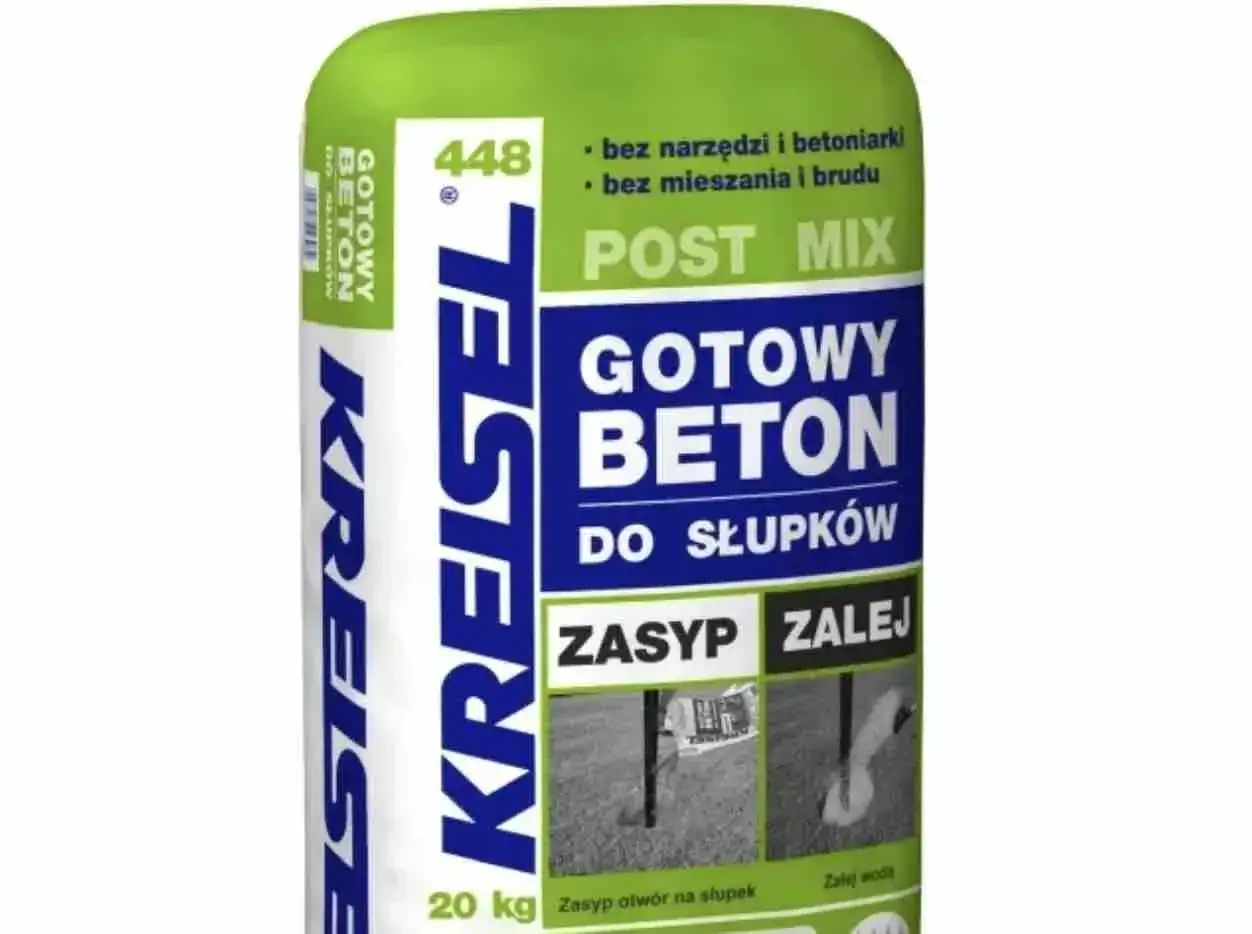 Worek gotowego betonu Kreisel do słupków, z napisem "Post Mix", "Zasyp" i "Zalej".