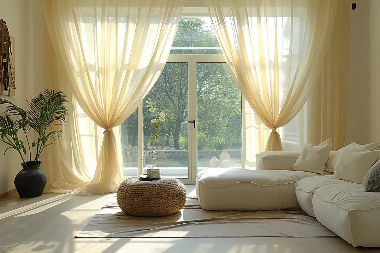 Jasne firanki w salonie upięte w elegancki sposób, tworzą przytulną atmosferę.