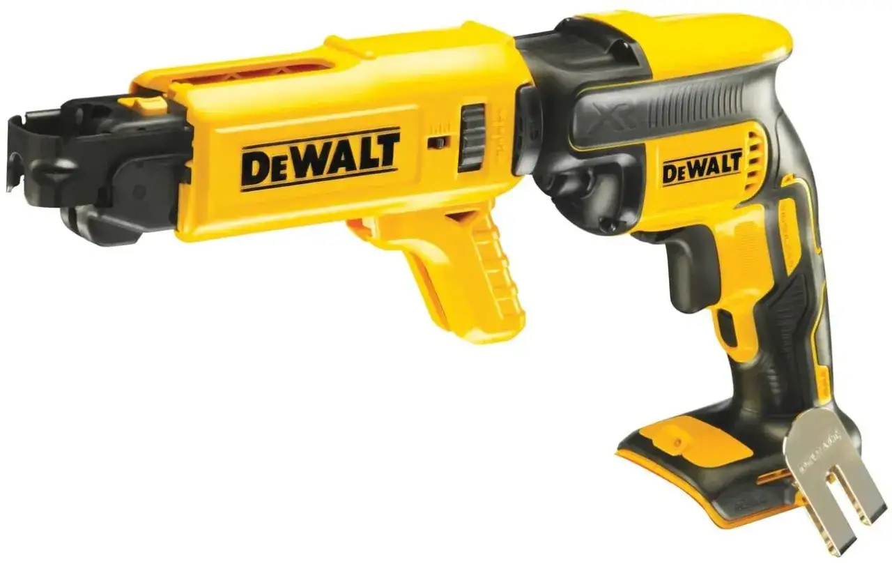 Żółto-czarna wkrętarka do karton gipsu DeWalt z magazynkiem na wkręty, gotowa do pracy.