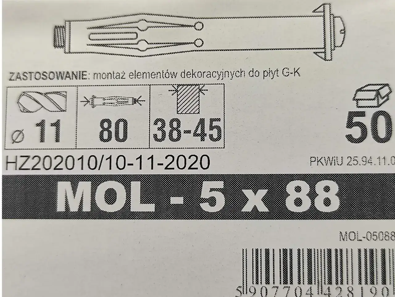 Kołki Molly 5x88 mm, do montażu elementów dekoracyjnych do płyt G-K. Sprawdź ich udźwig!