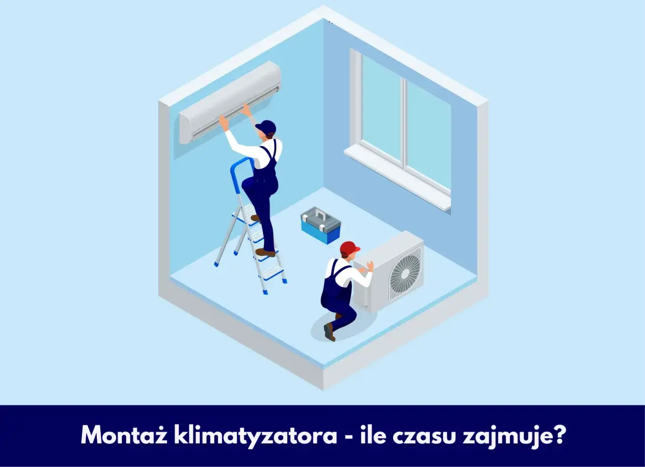 Dwóch techników wykonuje montaż klimatyzacji krok po kroku. Jeden na drabinie mocuje jednostkę wewnętrzną, drugi ustawia zewnętrzną.