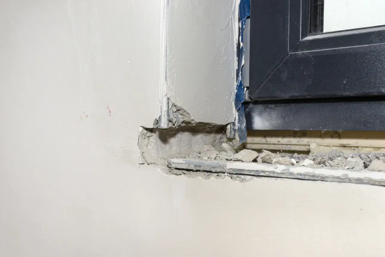 Fragment okna z luźnym tynkiem i widocznym podkładem. To etap prac, kiedy montować parapety wewnętrzne.
